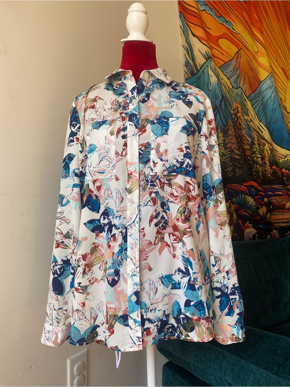 attention Floral Button-Down Shirt in White, Blue, Teal, Blush, Tan